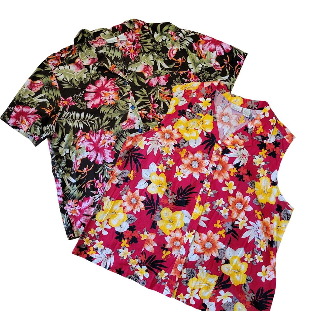 2 Pc Erika 2X Blouse Set Multi Floral Tropical Button Up Hawaiian Aloha Beach
